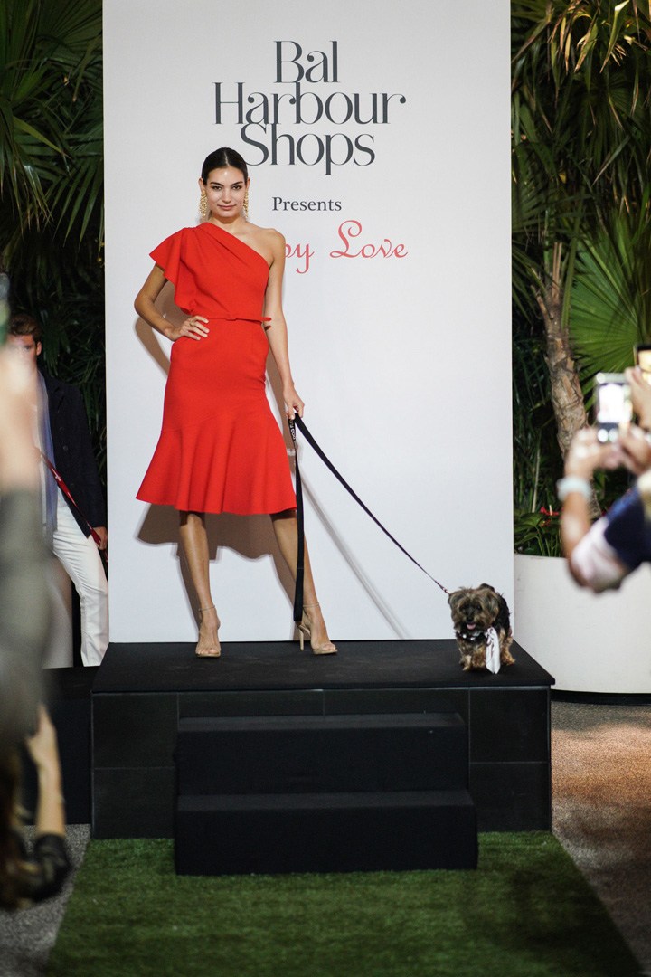 Oscar de la Renta model and featured dog walking the puppy runway