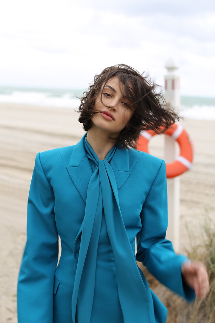 Balenciaga waisted blazer and silk chiffon blouse