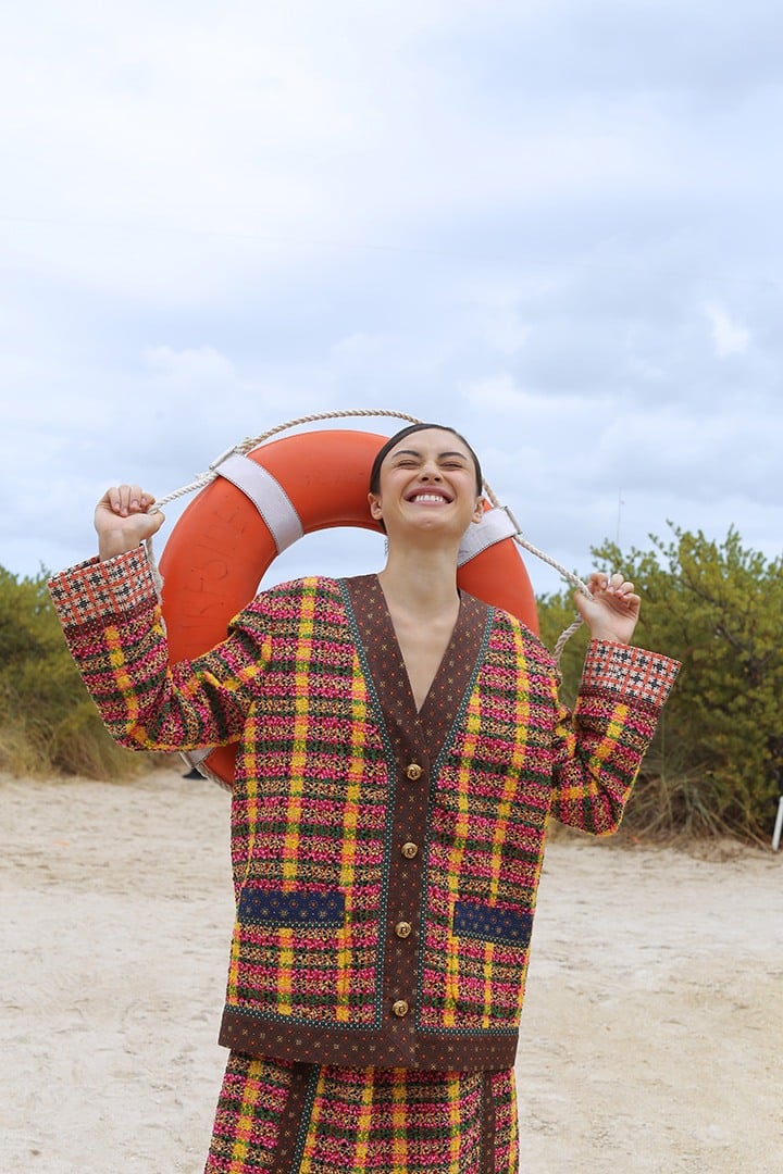 Gucci check tweed jacket with silk trim and skirt