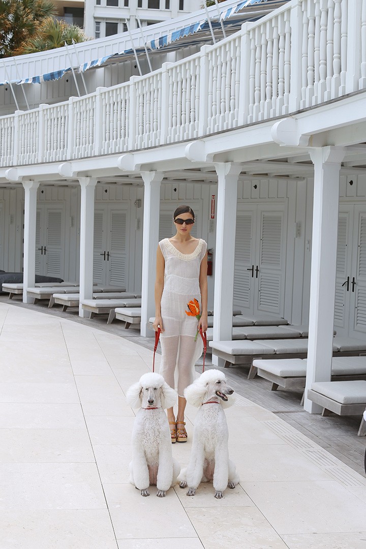 Miu Miu white gauze dress with floral embroidery and wood clogs