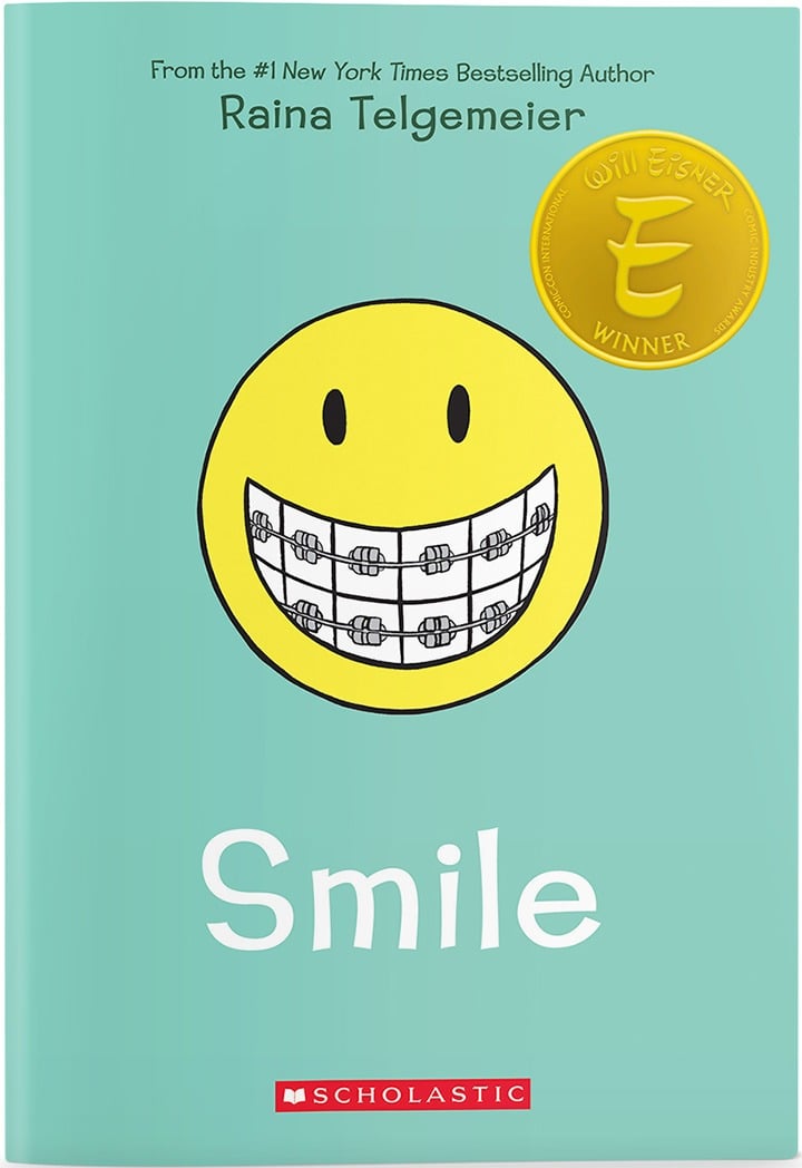 “Smile” written by Raina Telgemier is a New York Times bestselling, Eisner-Award winning graphic memoir