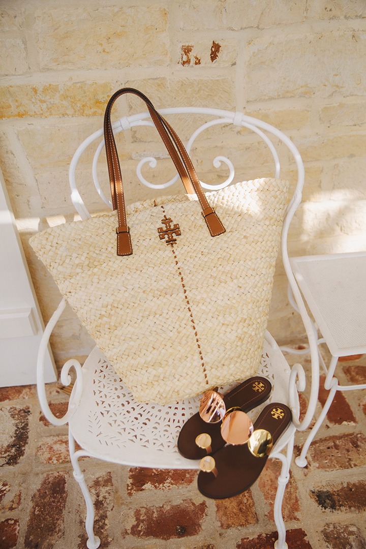 Tory Burch straw tote and multi-disk sandal