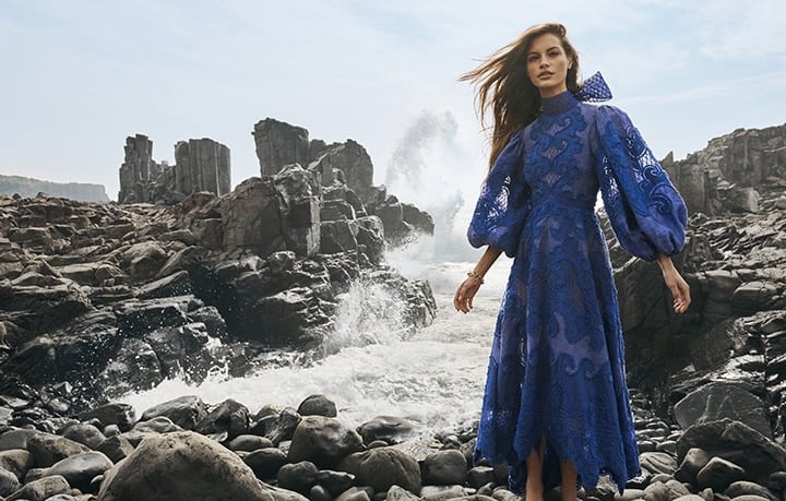 Zimmermann’s SS20 Campaign featuring the blue Brightside Embroidered Gown