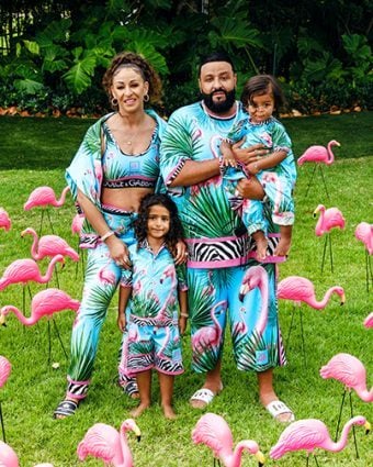 DJ Khaled and his family in flamingo print ready-to-wear from the Dolce & Gabbana X Khaled Khaled collection. Photo courtesy of Dolce & Gabbana.