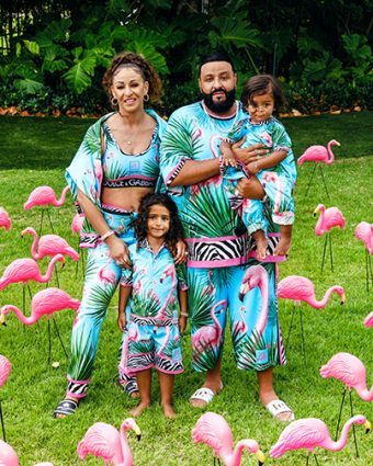 DJ Khaled and his family in flamingo print ready-to-wear from the Dolce & Gabbana X Khaled Khaled collection. Photo courtesy of Dolce & Gabbana.