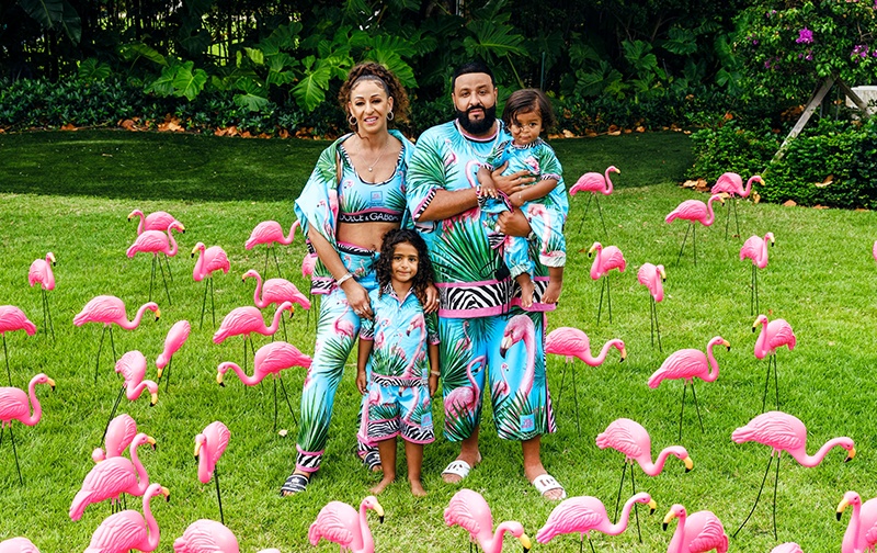 DJ Khaled and his family in flamingo print ready-to-wear from the Dolce & Gabbana X Khaled Khaled collection. Photo courtesy of Dolce & Gabbana.