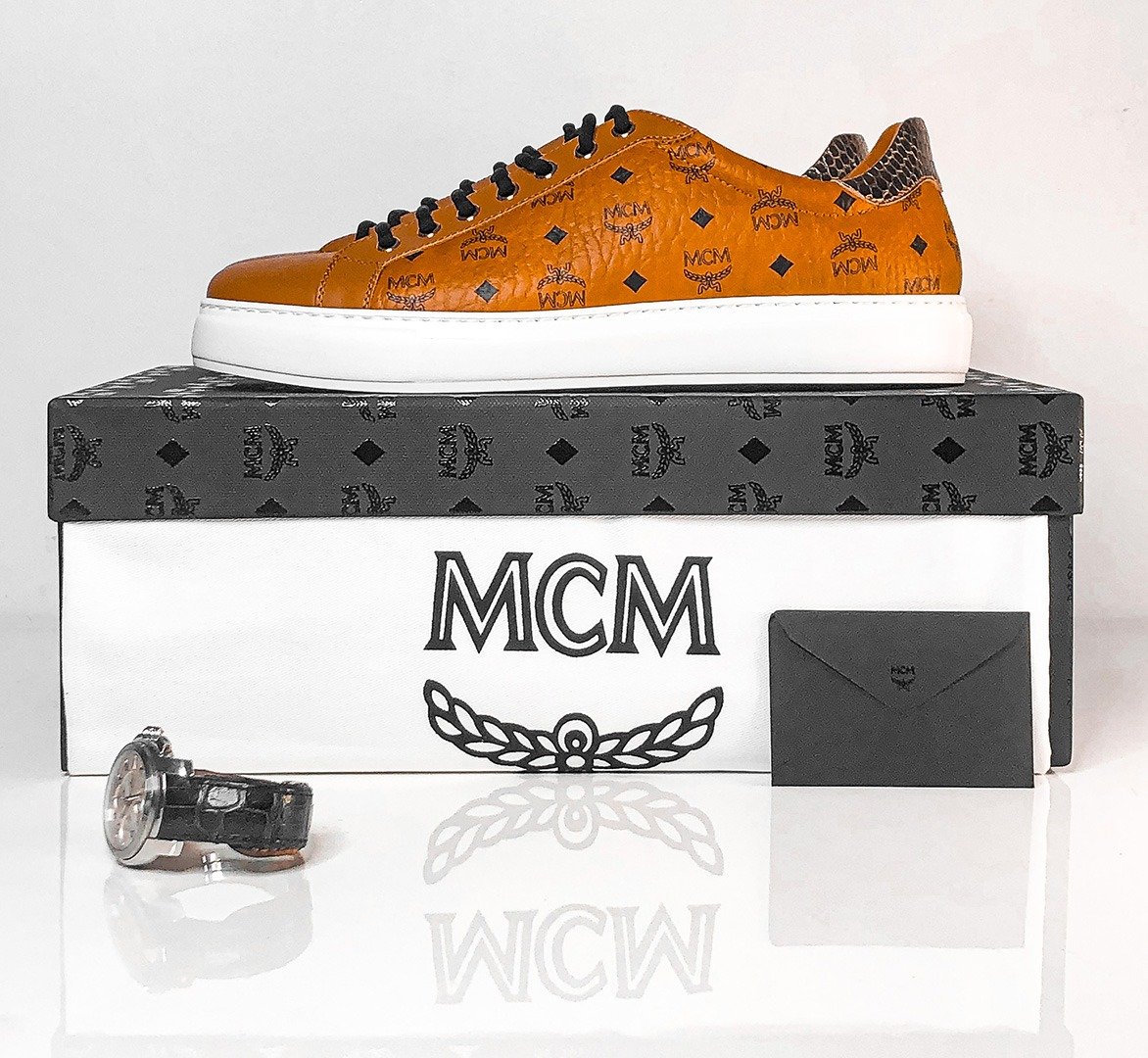 MCM Low Top Classic Court Sneakers in Visetos Cognac