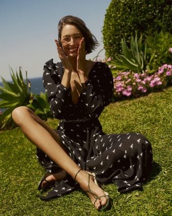 Scanlan Theodore’s Silk Pony Print Dress features a gorgeous plunging neckline and nipped waist, that’s as seasonless as it is effortless