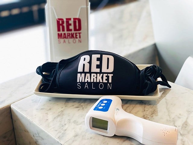 Red Market’s safety precautions include a custom mask and thermometer check upon entering.