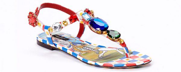 Dolce & Gabbana Carretto-print patent leather thong sandals with bejeweled appliqué