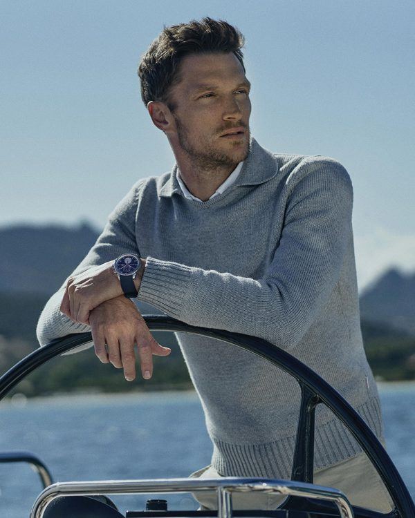 Orlebar Brown x IWC Driftwood Grey Merino Jumper and The IWC Portugieser Yacht Club Chronograph Orlebar Brown Edition