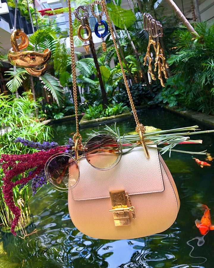 Chloé Mini Drew Shoulder Bag in color shading, Carlina Sunglasses, Trudie Cuff Bracelet, Bonnie Earrings and Palladium Mixed Material Earrings