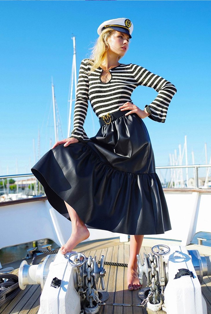 Striped Top with Pearls & Nappa Leather Effect Maxi Skirt