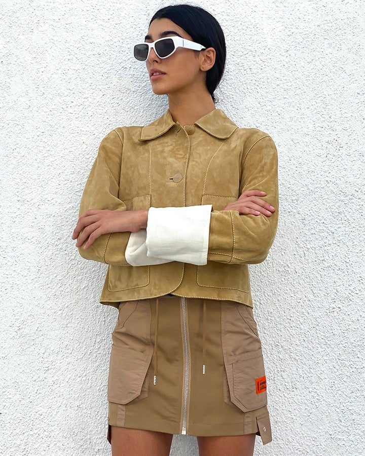 Loewe Button Jacket in Suede and Heron Preston Cargo Mini Skirt from The Webster