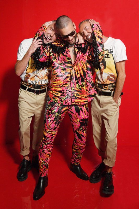 Founders of DSquared2, Dan and Dean Caten with iconic Colombian singer Maluma in head-to-toe DSquared2.