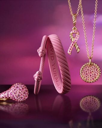 Cable Collectibles Ribbon Bracelet, Cable Bracelet in pink rubber, Necklace in rose gold with pink sapphires, Pavé Pinky Ring and Pendant Disk Necklace (100% of net profits donated to BCRF)