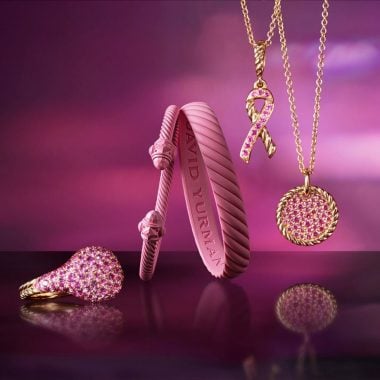 Cable Collectibles Ribbon Bracelet, Cable Bracelet in pink rubber, Necklace in rose gold with pink sapphires, Pavé Pinky Ring and Pendant Disk Necklace (100% of net profits donated to BCRF)