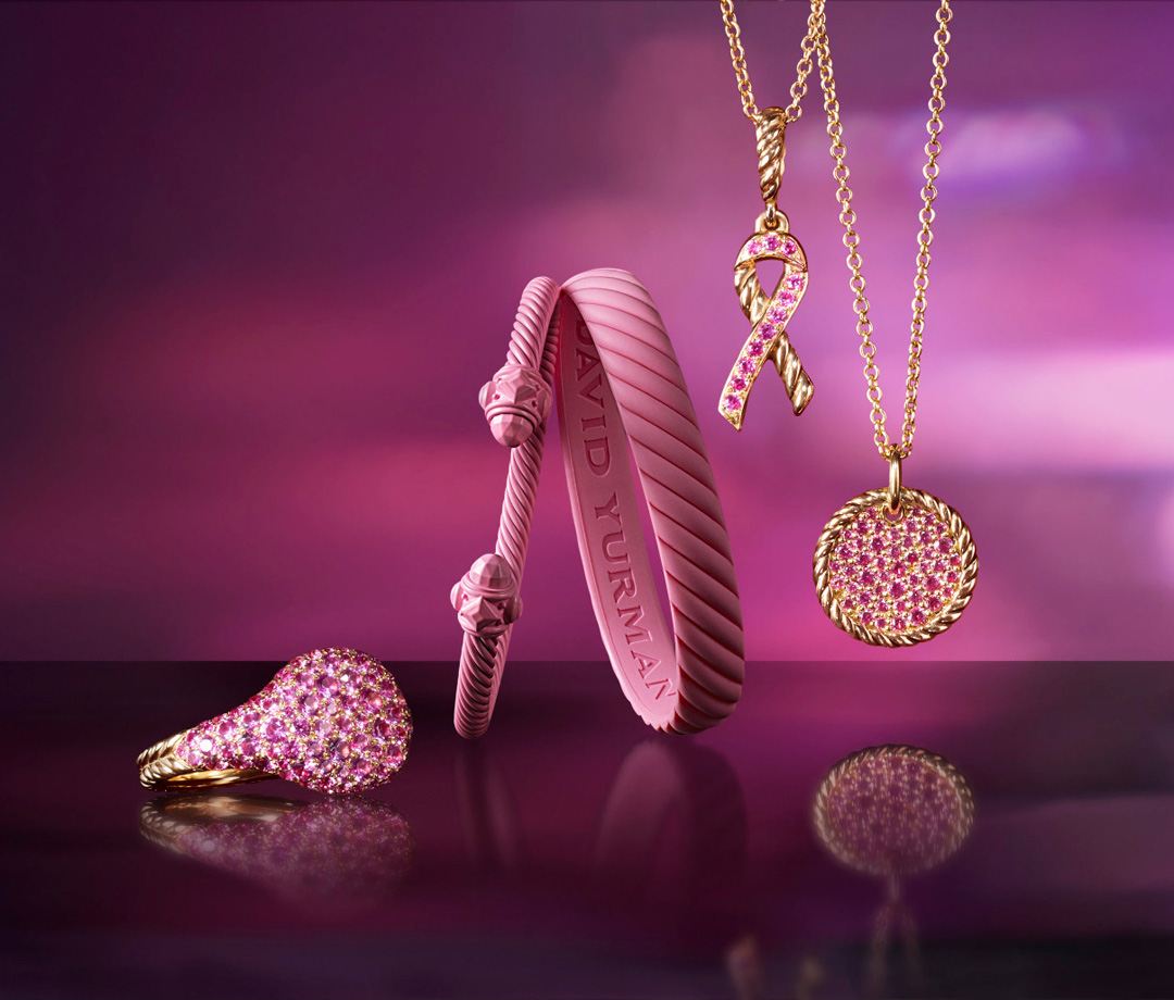 David Yurman Cable Collectibles Ribbon Bracelet, bracelet in pink rubber, pink sapphire necklace, Pavé Pinky Ring and Pendant Disk Necklace (percentage of sales will be donated to BCRF)