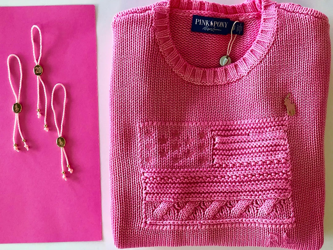 Ralph Lauren Pink Pony Sweater and bracelets (Percentage of sales will be donated to the Pink Pony Fund or to an international network of cancer charities)