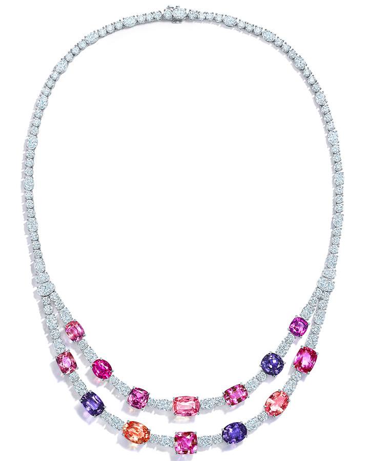 Necklace in platinum with unenhanced padparadscha, pink and purple sapphires and diamonds from the Extraordinary Tiffany 2020 High Jewelry Collection.