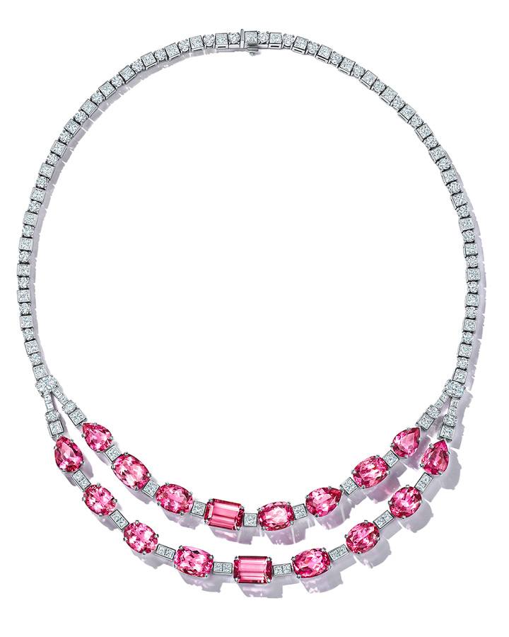 Extraordinary diamond chains of over 14 total carats provide a striking contrast to vivid mixed-cut pink tourmalines of over 50 total carats in this platinum necklace from the Extraordinary Tiffany 2020 High Jewelry Collection.