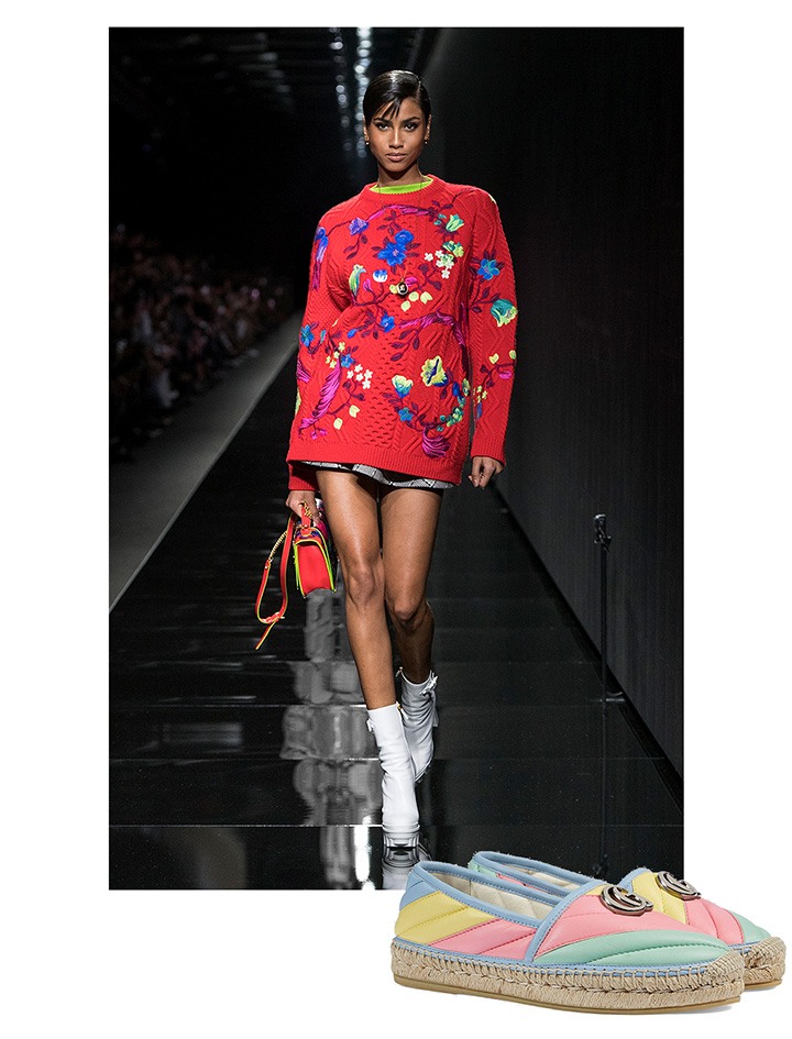 A runway look from Versace and Gucci espadrilles.