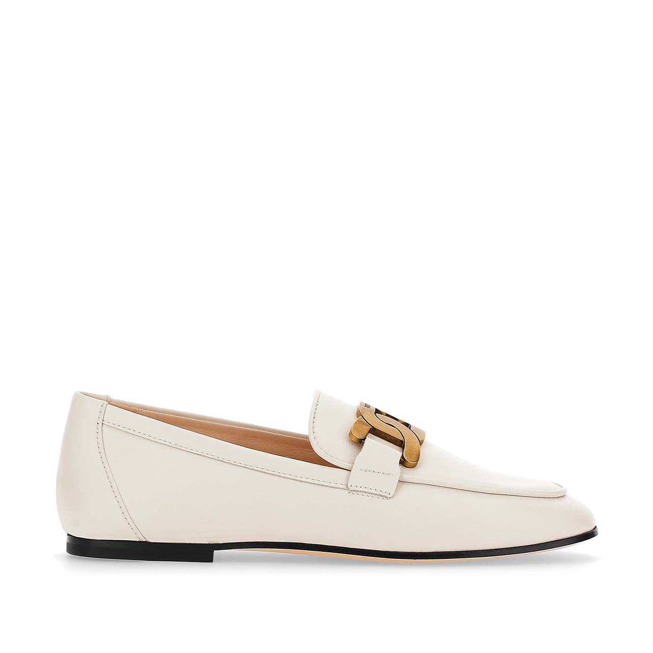 Tod’s white loafers with gold chain detail at the toe