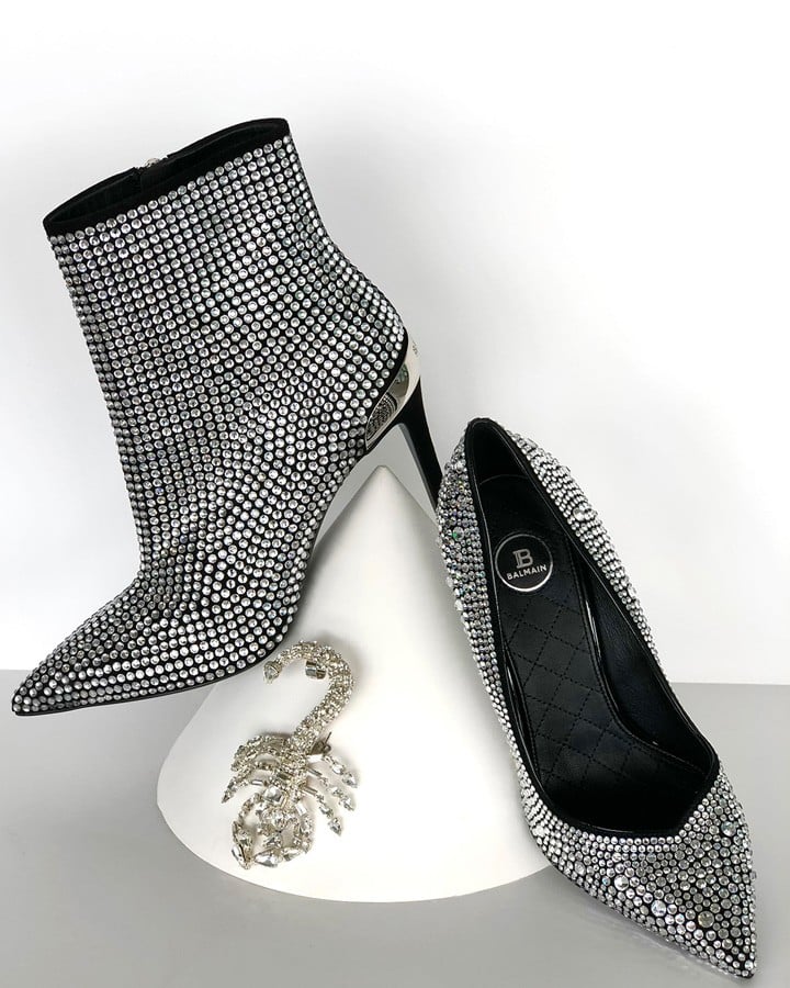 Balmain Crystal-Embellished Ankle Boots, Crystal-Embellished Pumps and Scorpion Earring