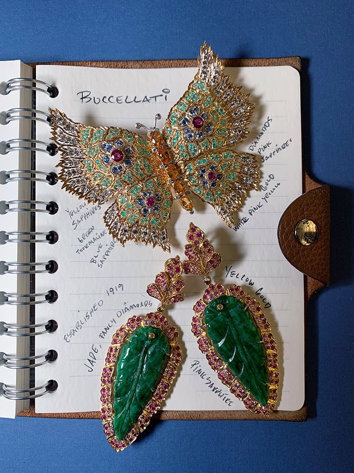 Buccellati’s butterfly brooch with pink, blue and yellow sapphires, tourmaline and diamonds; pink sapphire and jade earrings.