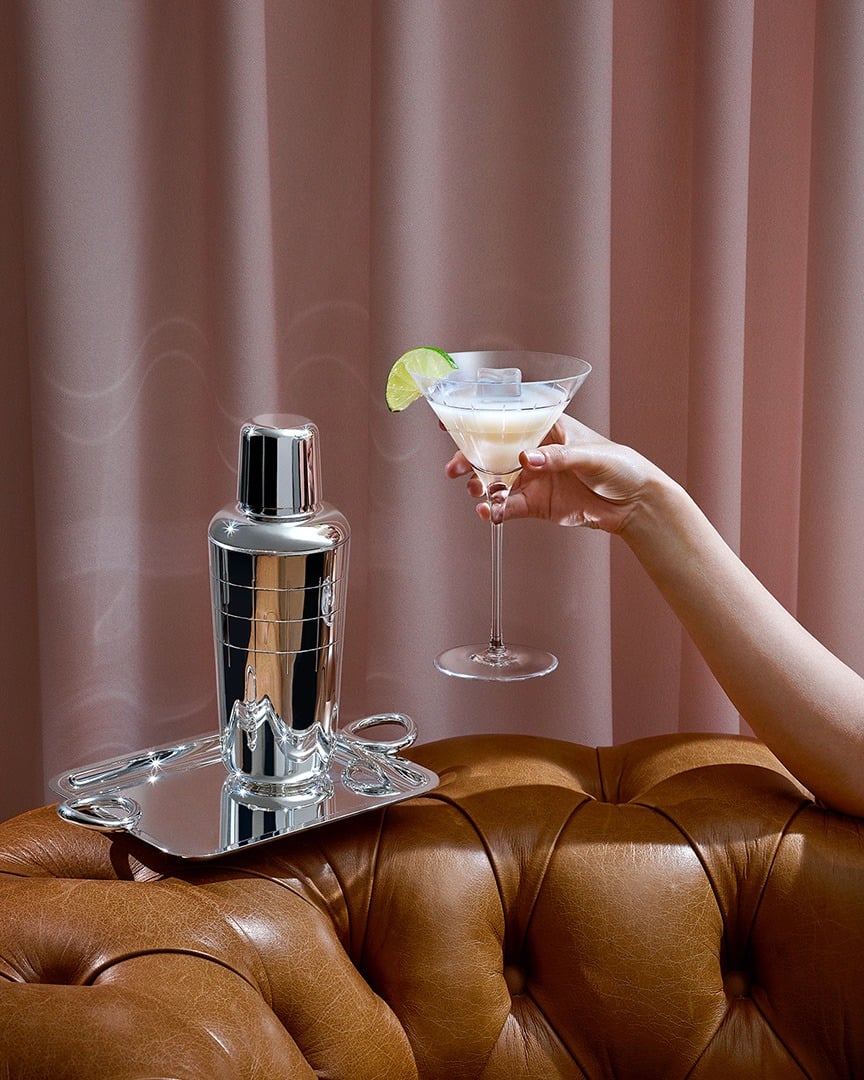 Christofle Graphik cocktail shaker and Martini glass.