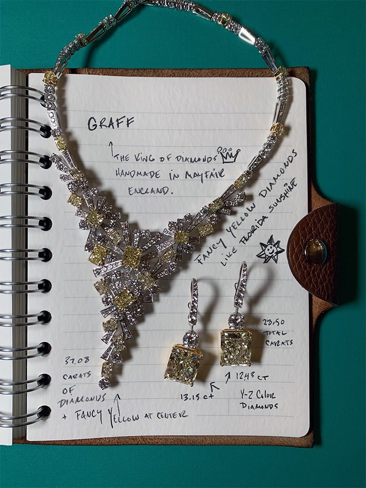 Graff’s diamond and fancy yellow diamond necklace and diamond earrings.