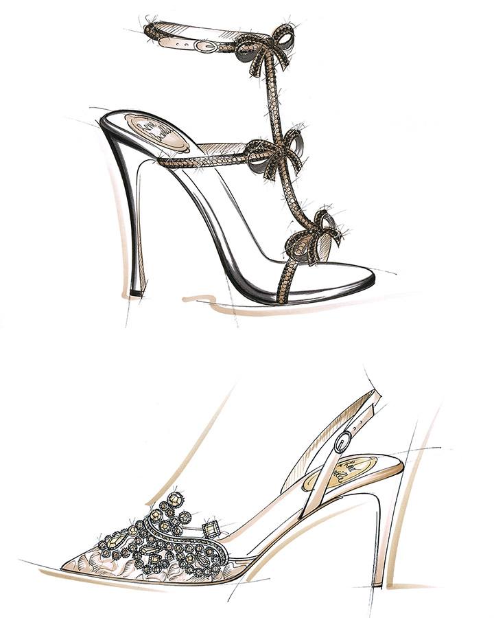 Sketch drawn by Edoardo Caovilla of the Caterina Sandal and the Veneziana Slingback.