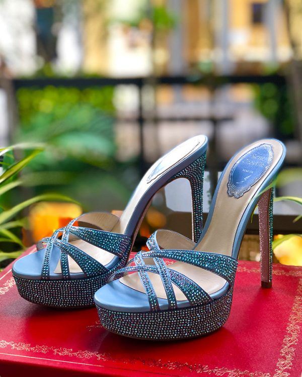 Limited Edition René Caovilla Denim Dania Mule exclusively available at Bal Harbour Shops.