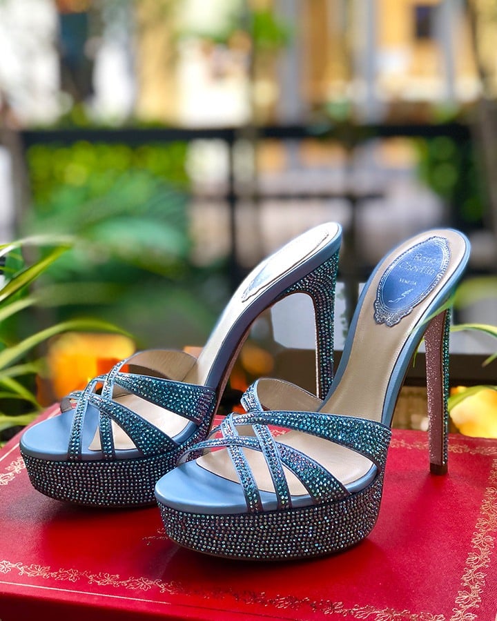 Limited Edition René Caovilla Denim Dania Mule exclusively available at Bal Harbour Shops.