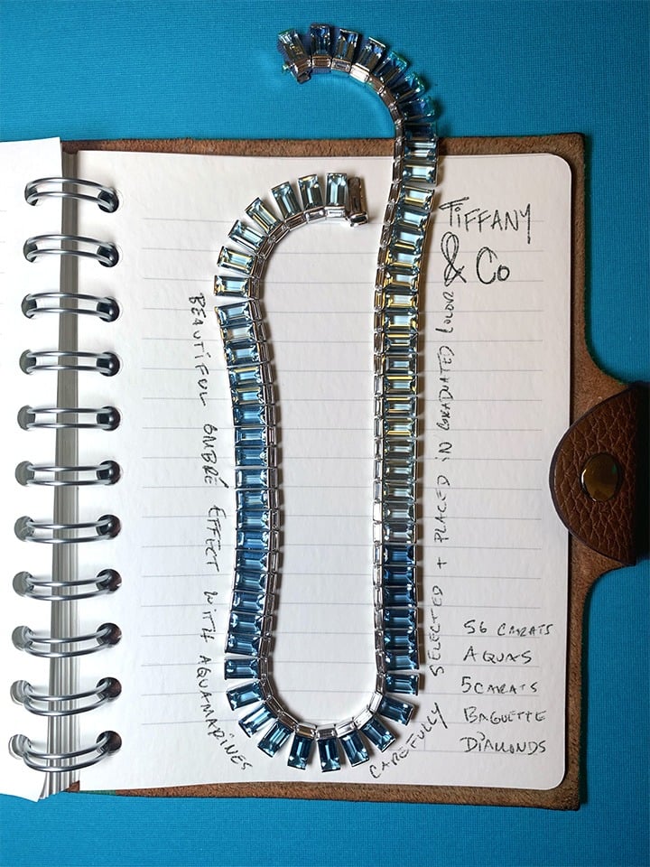 Tiffany & Co. necklace in platinum with baguette aquamarines of 56 total carats and baguette diamonds of over 5 total carats.