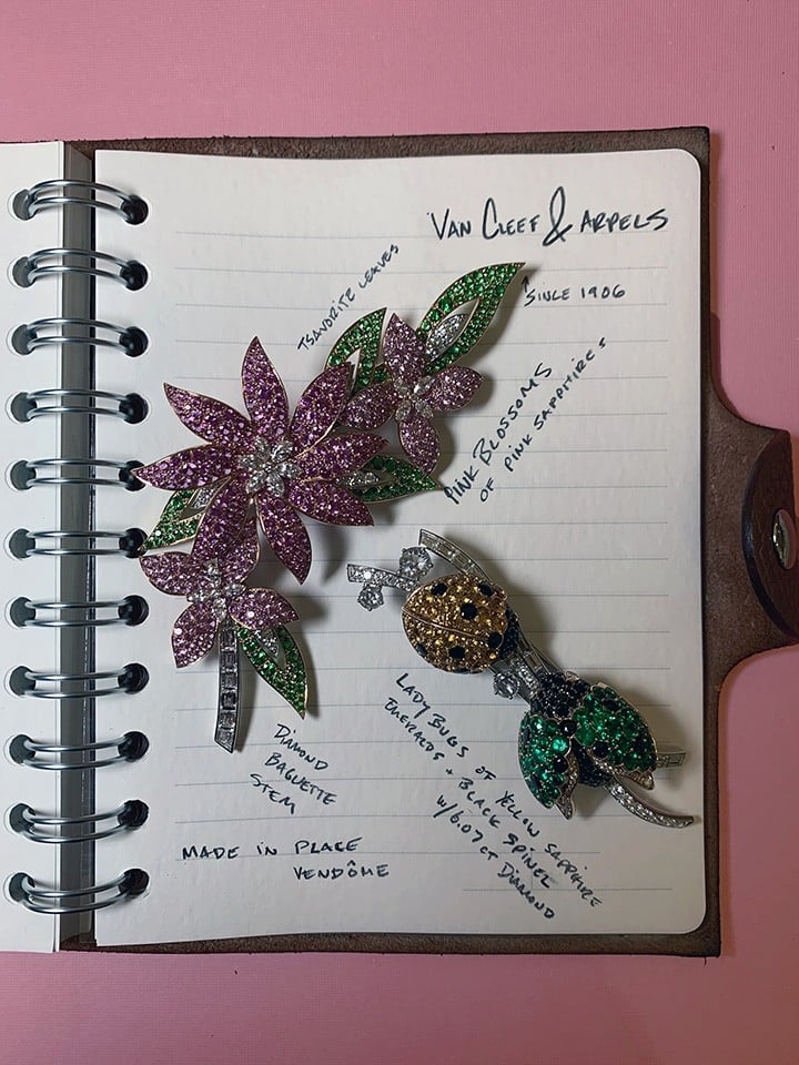 Van Cleef & Arpels pink sapphire, tsavorite and diamond blossom brooch and a ladybug brooch composed of black spinels, emeralds and yellow sapphires.