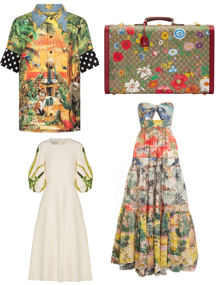 Clockwise from top left: Dolce & Gabbana weaves their Italian heritage into their own take on flora, in a range of looks for men and women; a suitcase from Gucci's GG Flora collection; Zimmermann channels a retro Hawaiian palm tree motif with their tie-front Juliette dress; Valentino dresses up a white gown with sequined fronds on its sleeves.