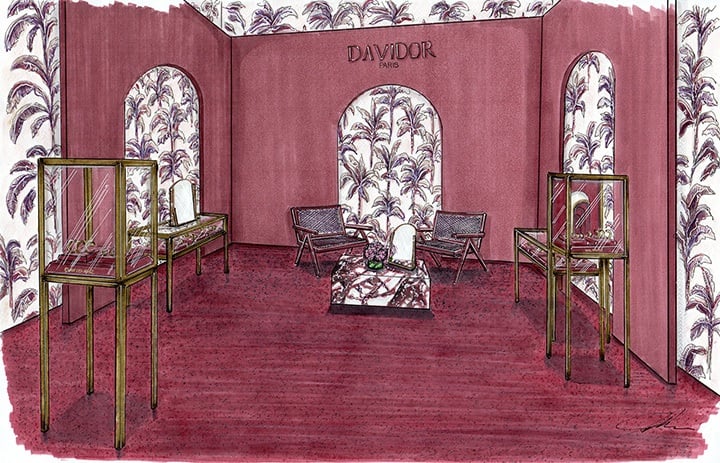 Conceptual illustration of the DAVIDOR pop-up boutique at Bal Harbour Shops.