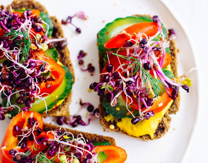 This open-faced sprout sandwich, is a go-to for Kooienga while at home working long hours.