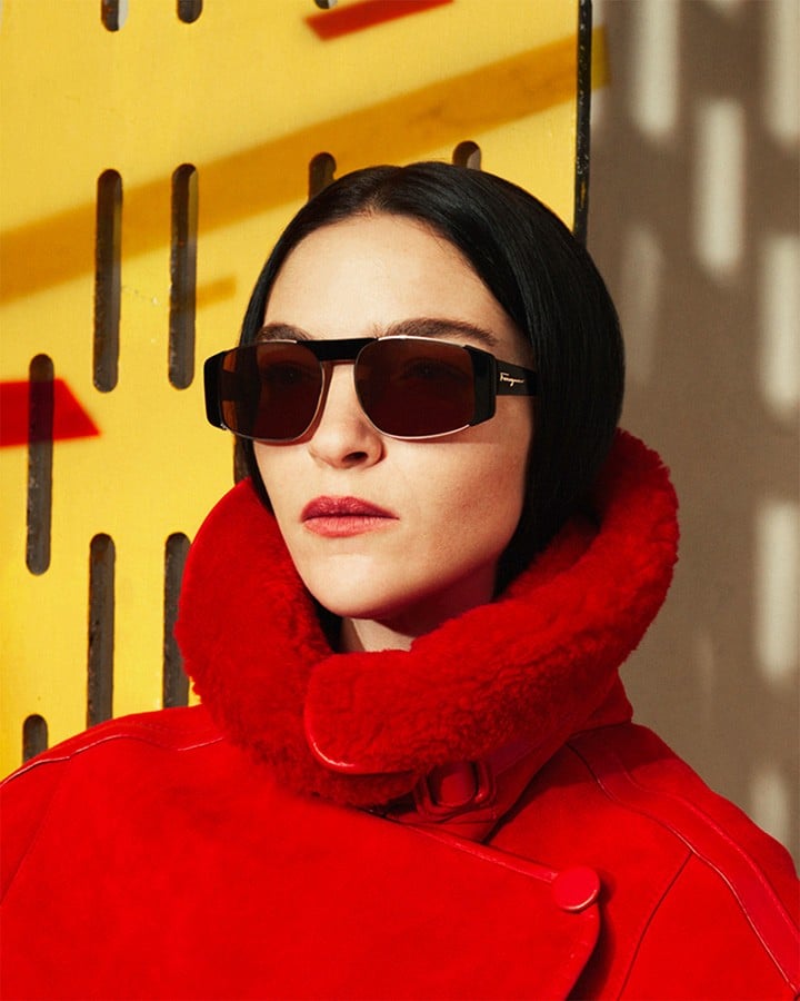 Salvatore Ferragamo Red Shearling Coat and Sunglasses.