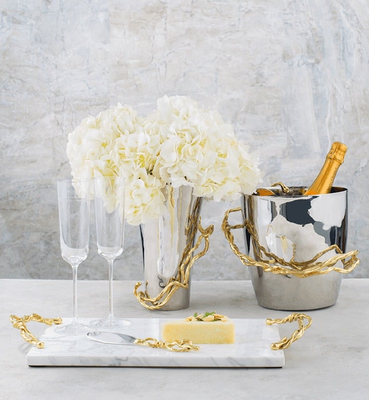 Michael Aram Wisteria Gold Champagne Bucket, Cheese Board, Vase and Champagne Flutes.