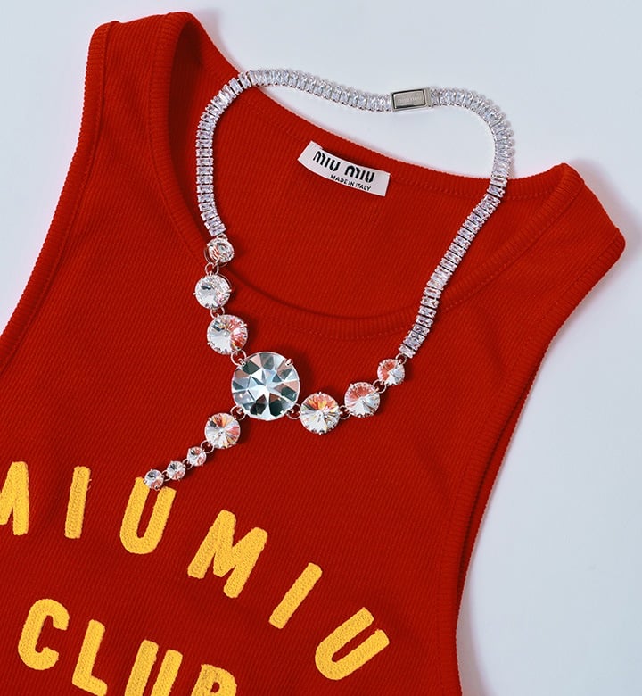 Embroidered Ribbed Tank and Crystal Necklace from the Always New, Always Miu Miu Collection.