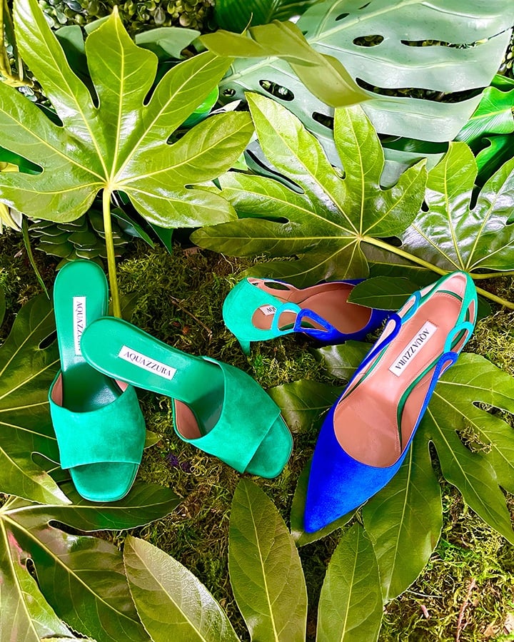 Aquazzurra Fenix suede pumps in blue and green and Aquazzura green heeled mules