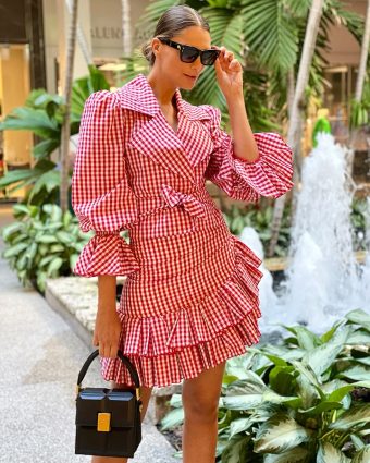 Balmain Balloon Sleeve Gingham Blouse and Short Asymmetric Ruffled Gingham Skirt.