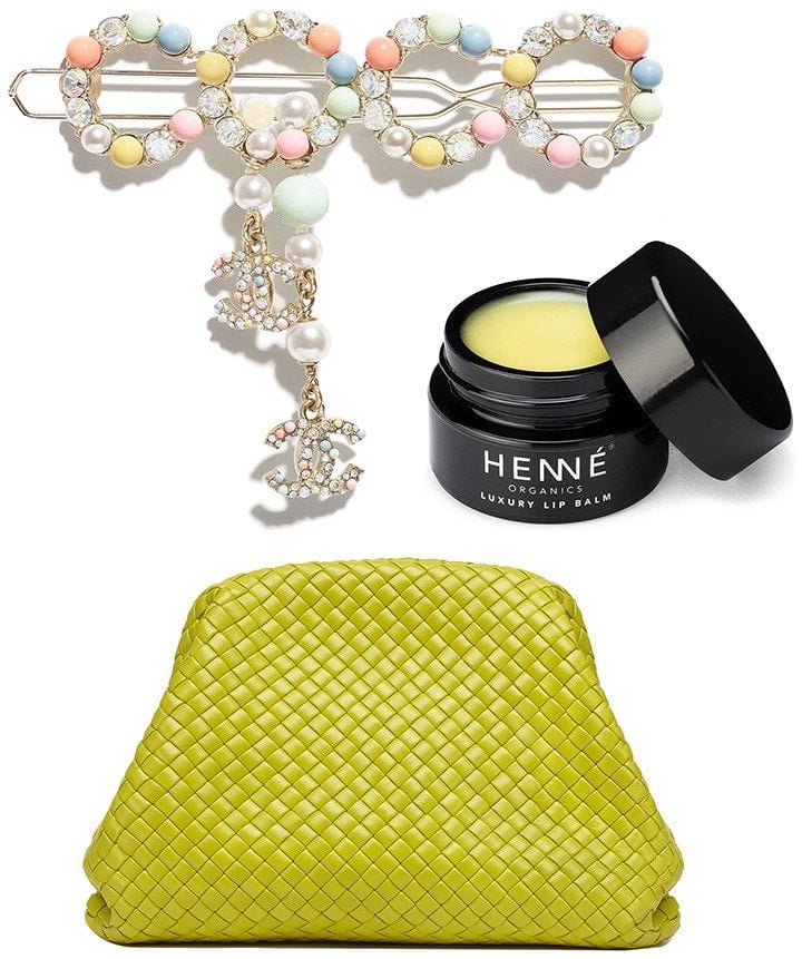 Top to Bottom: Chanel barrette with metal and glass pearls, Henne Organics luxury lip balm and Bottega Veneta pouch in kiwi.