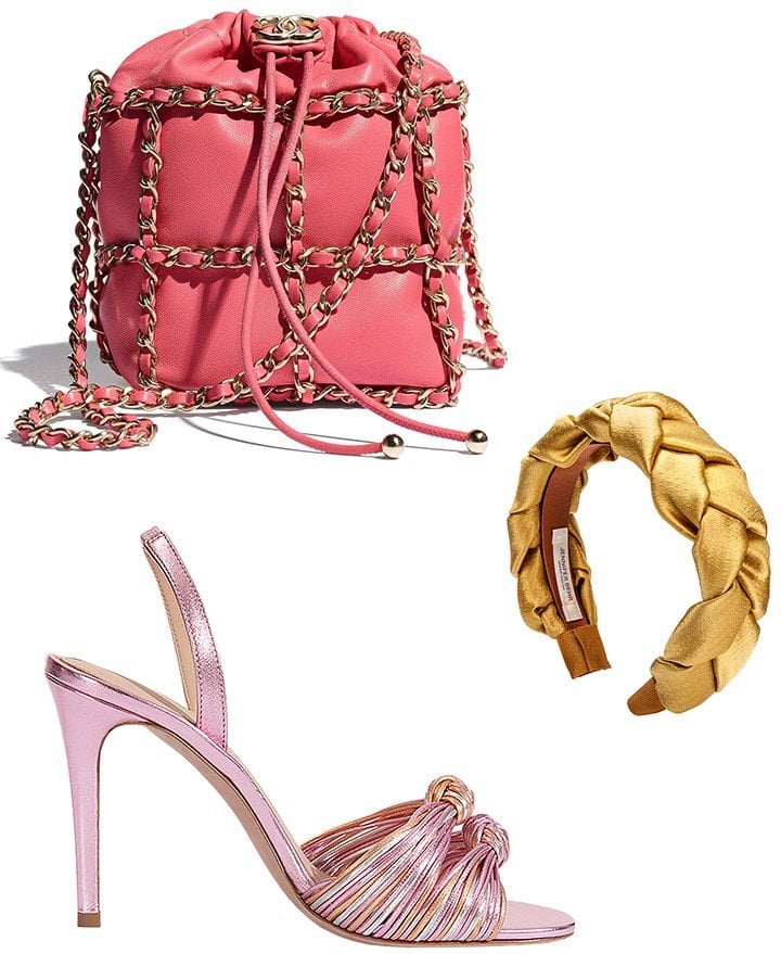 From top to bottom: Coral Chanel drawstring bag, Jennifer Behr headband, available at Veronica Beard Bal Harbour and Veronica Beard sandal.