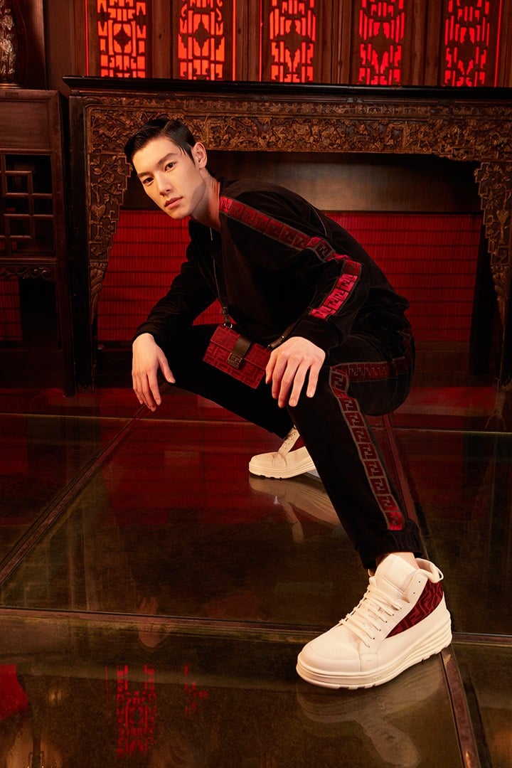 Sweatshirt, Pants, Baguette Pouch and Mid-Top Sneakers from Fendi’s Lunar New Year Limited Capsule Collection.