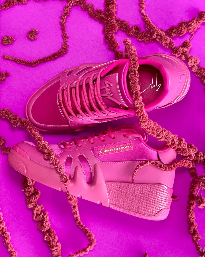 Giuseppe Zanotti Fuchsia Satin ‘Talon’ sneakers available at Giuseppe Zanotti Bal Harbour.