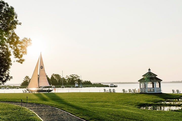 The Inn at Perry Cabin overlooks the Miles River and has a fleet of sailboats available for guest activities. Courtesy Inn at Perry Cabin.