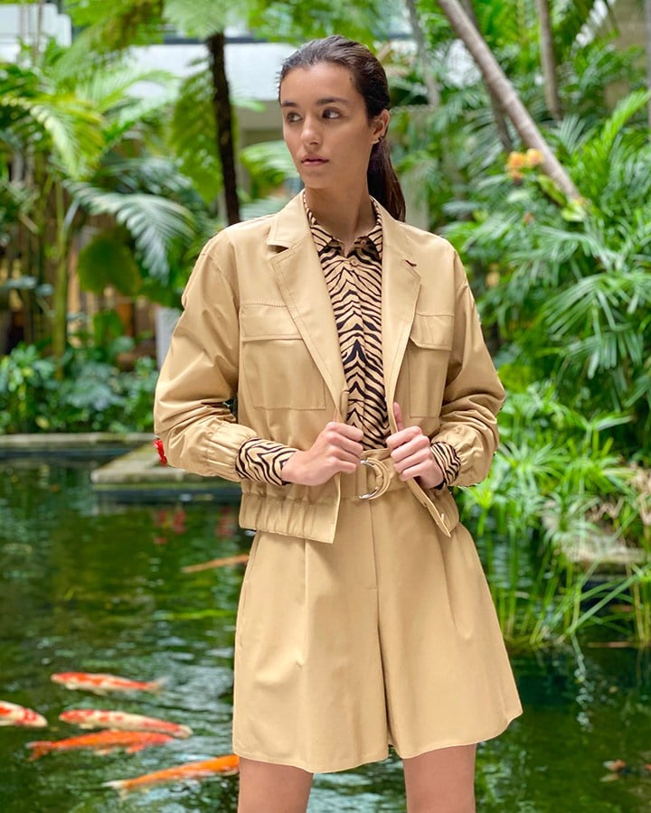 Lafayette 148 lightweight leather Leonie jacket, mini Zevron print silk shantung Scottie blouse, lightweight leather Degraw short and Sculptural charm hoop earrings from the SS21 collection.